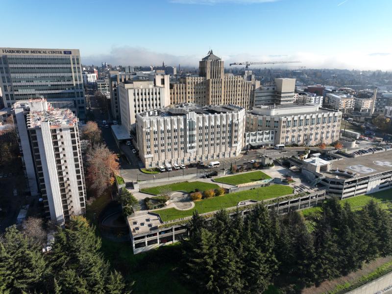 Aerial view of the Harborview Medical center campus from the northwest corner of the campus